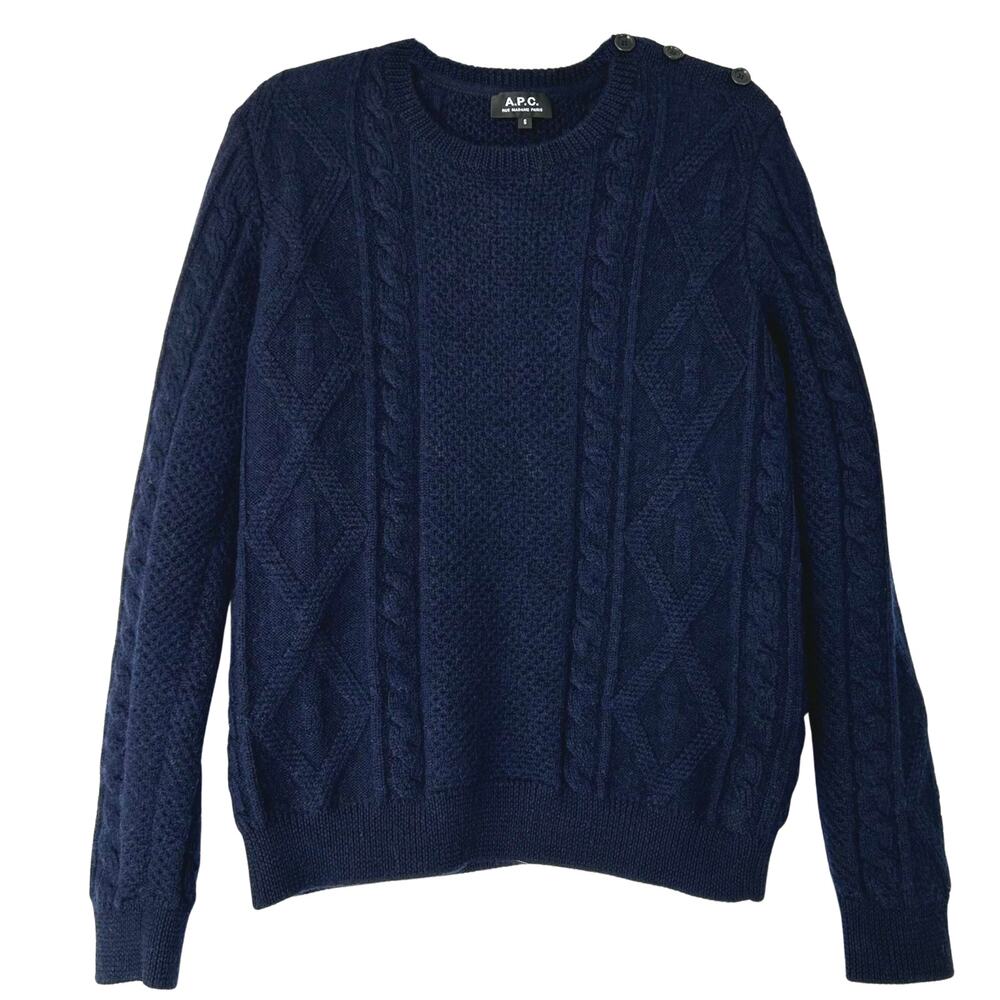 APC Navy 100% Wool Cable Knit Fisherman Crewneck Sweater Button Shoulder Men S